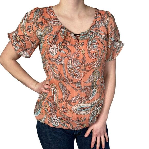 Sara Michelle Coral and Mint Paisley Print Blouse - Picture 1 of 16